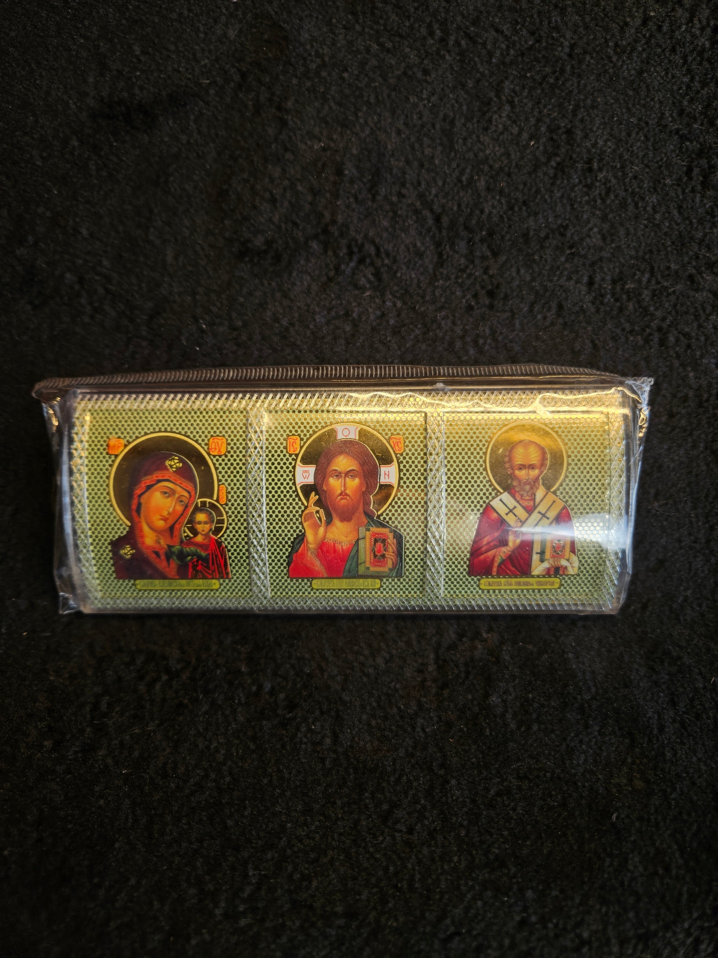 Large Triptic Orthodox Car Icon Savior, Mother of God, St Nicholas