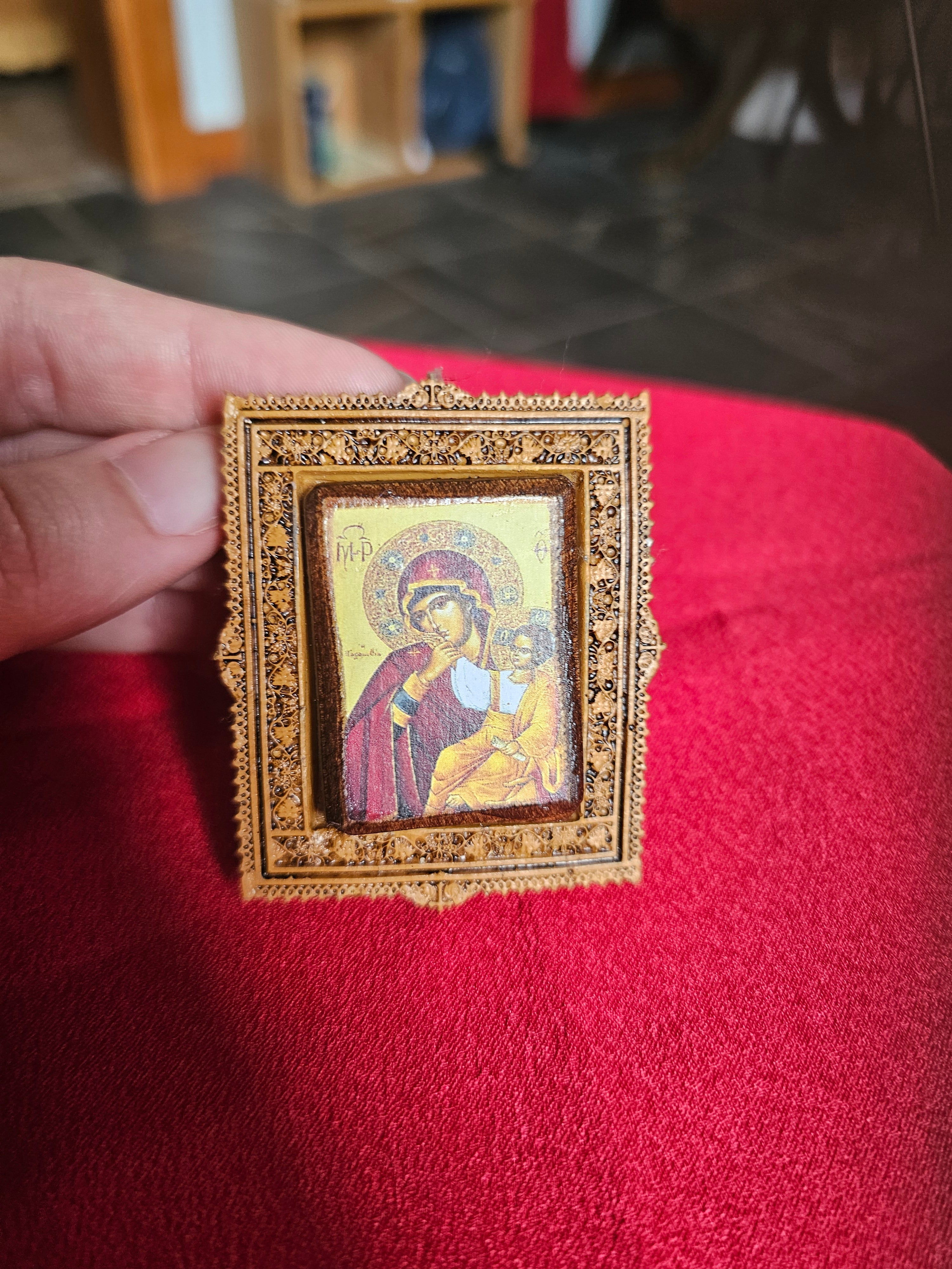 Christian magnet - Carved frame with wooden handmade icon